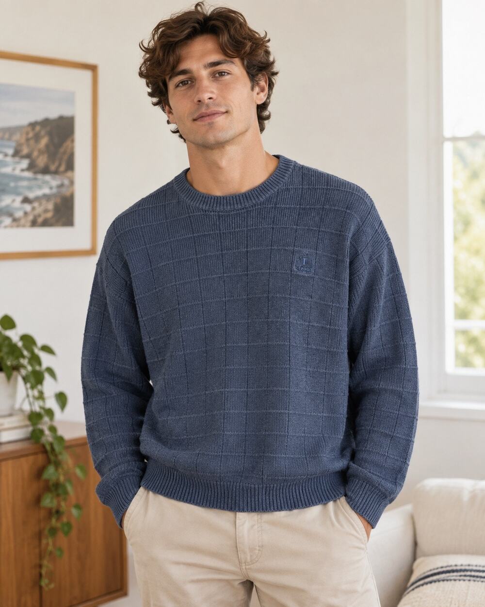 IZOD Men’s Large Blue Cotton Textured Grid Knit Crewneck Sweater